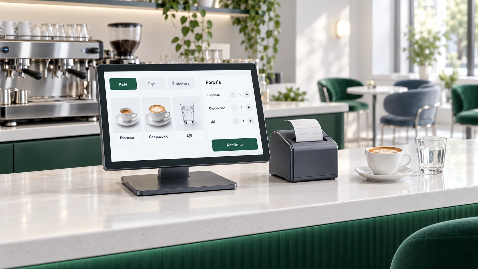 Terminal POS dhe printer porosish në banakun e një bar-kafeje